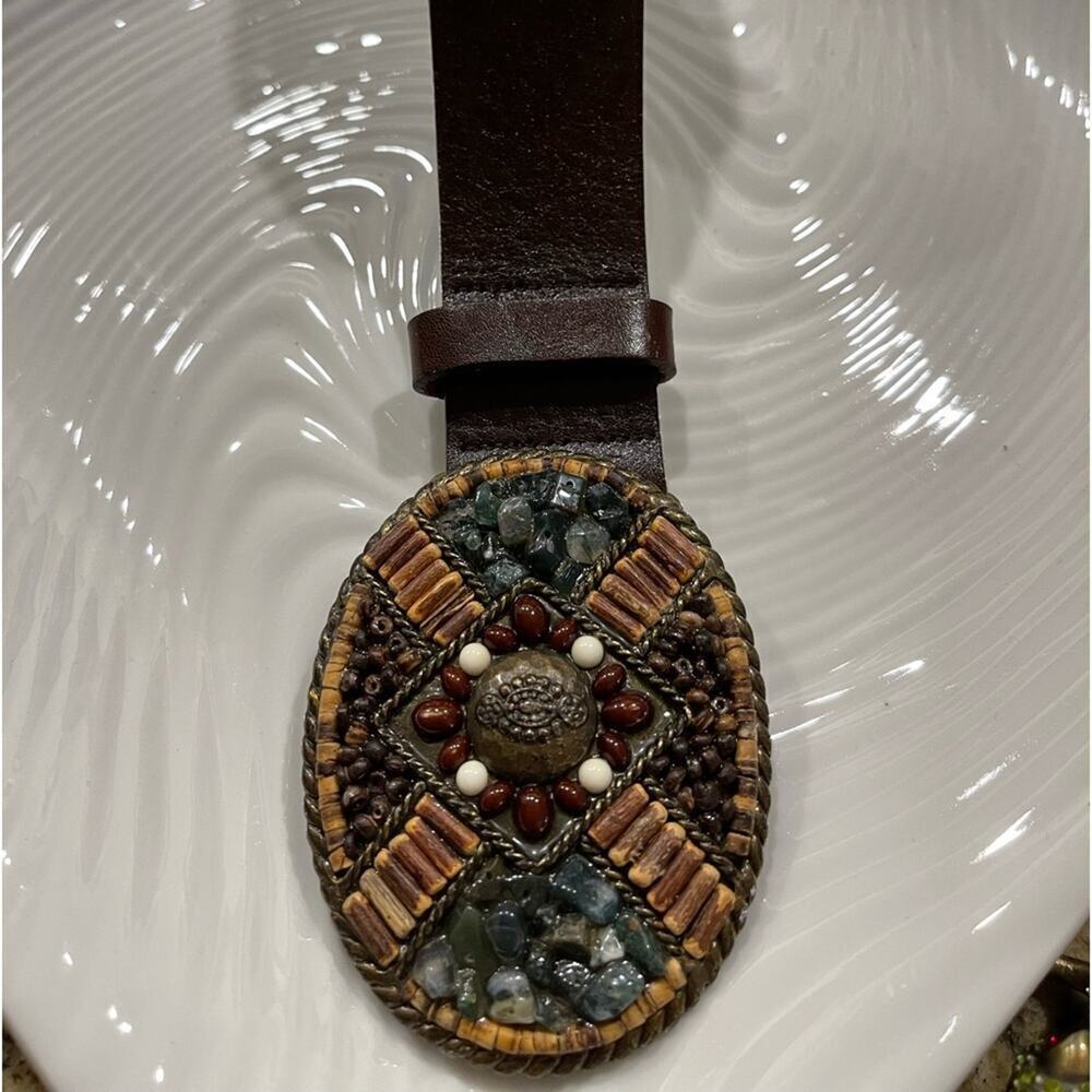 Belt brown leather multicolored beads- metal grommets around belt